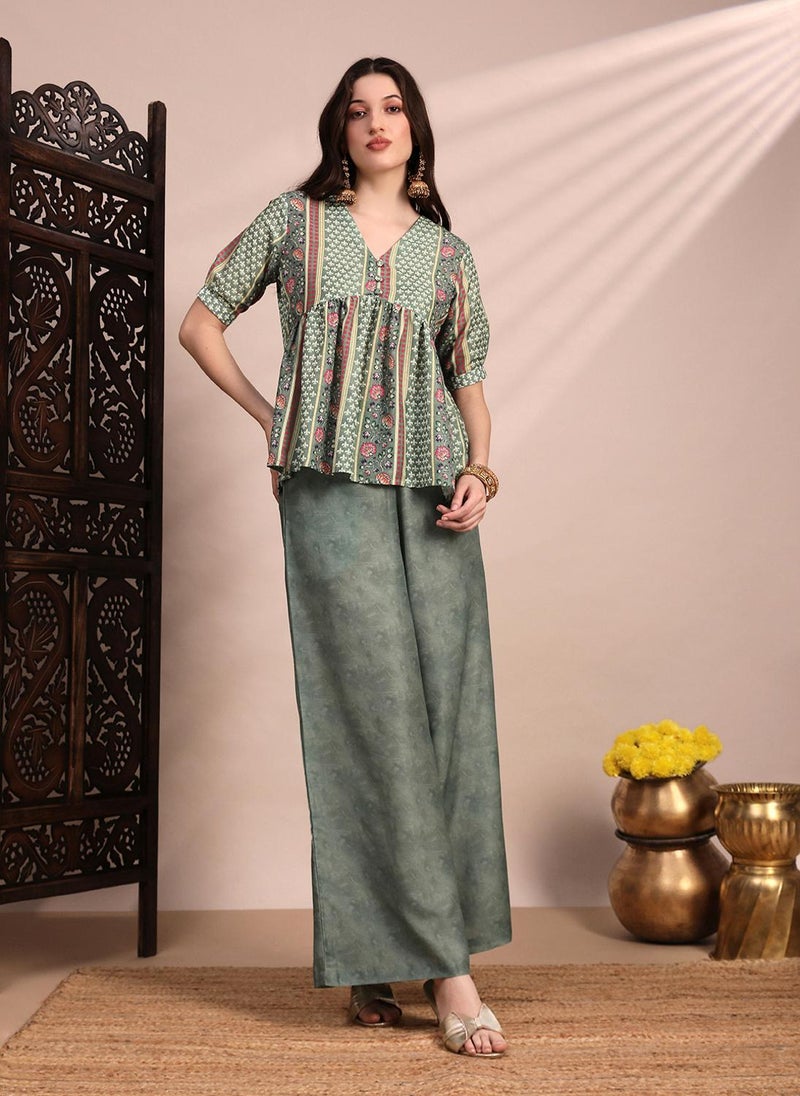 Globus Women Green Ethnic Print V-Neck Gathered Detail Tunic & Mid Rise Wide Leg Trouser Fusion Co-Ord Set - Image 1